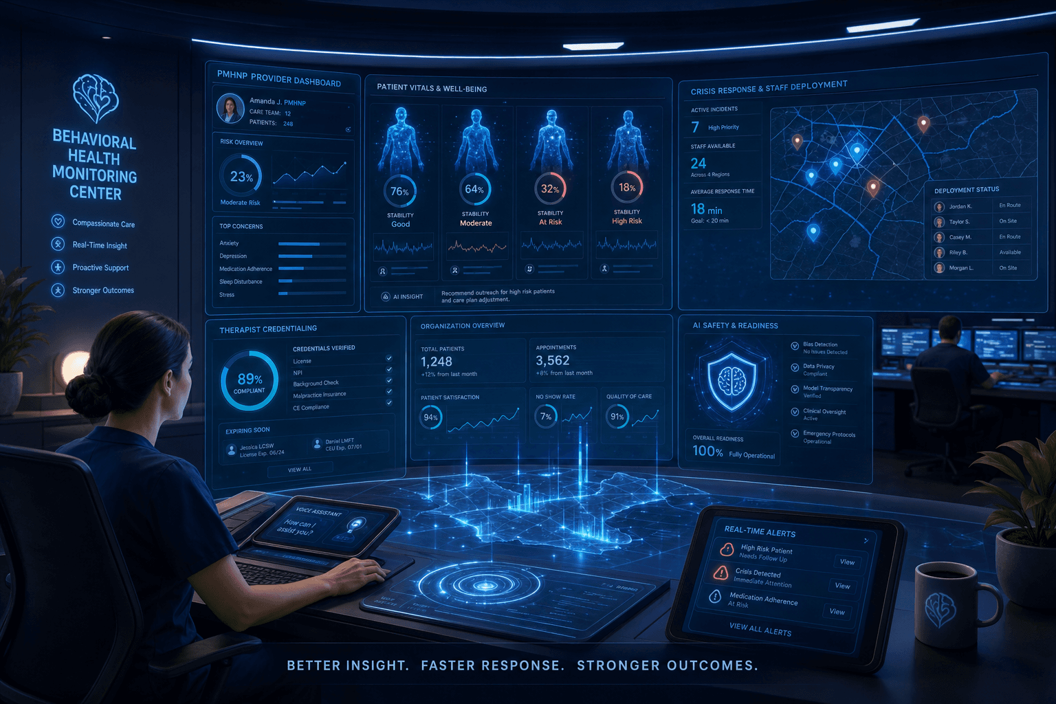 Clinician reviewing patient file at a clean desk with compliance dashboard on screen