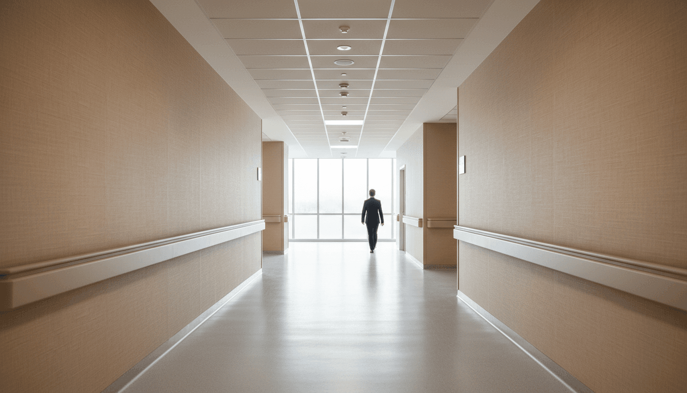 Quiet, modern hospital corridor with natural light and a professional walking away from the camera