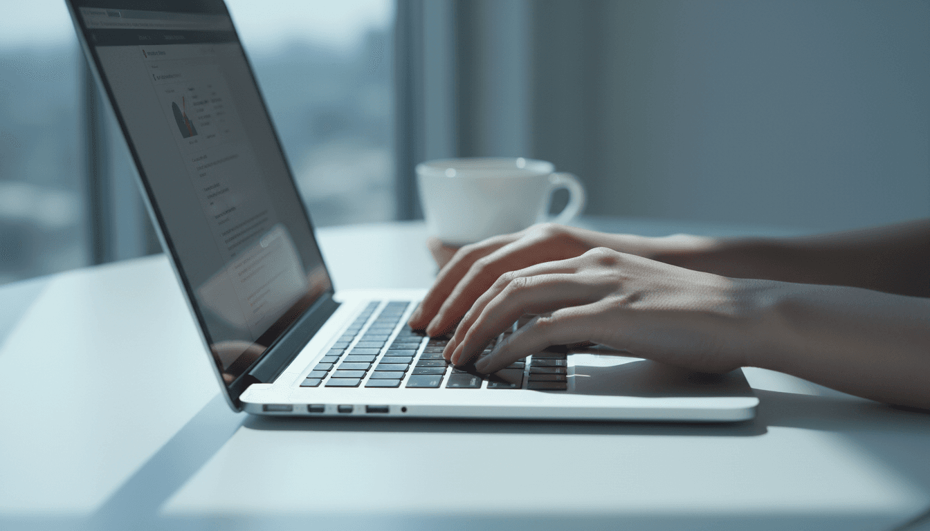 Hands typing on a laptop at a clean desk in a bright room