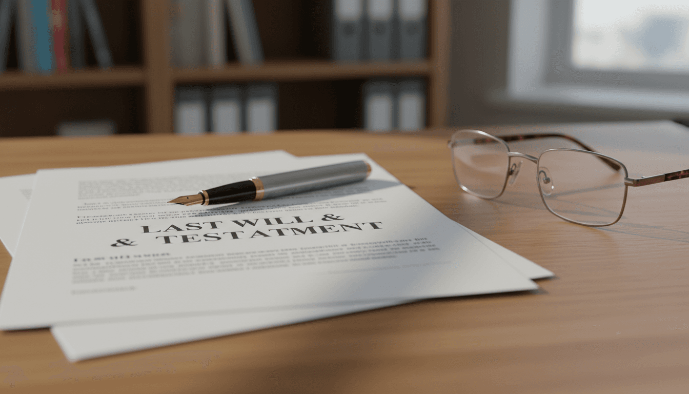 Legal documents and pen on a desk with reading glasses nearby