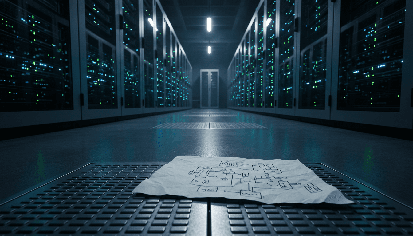 A dimly lit server room with rows of equipment and a technical blueprint on the floor