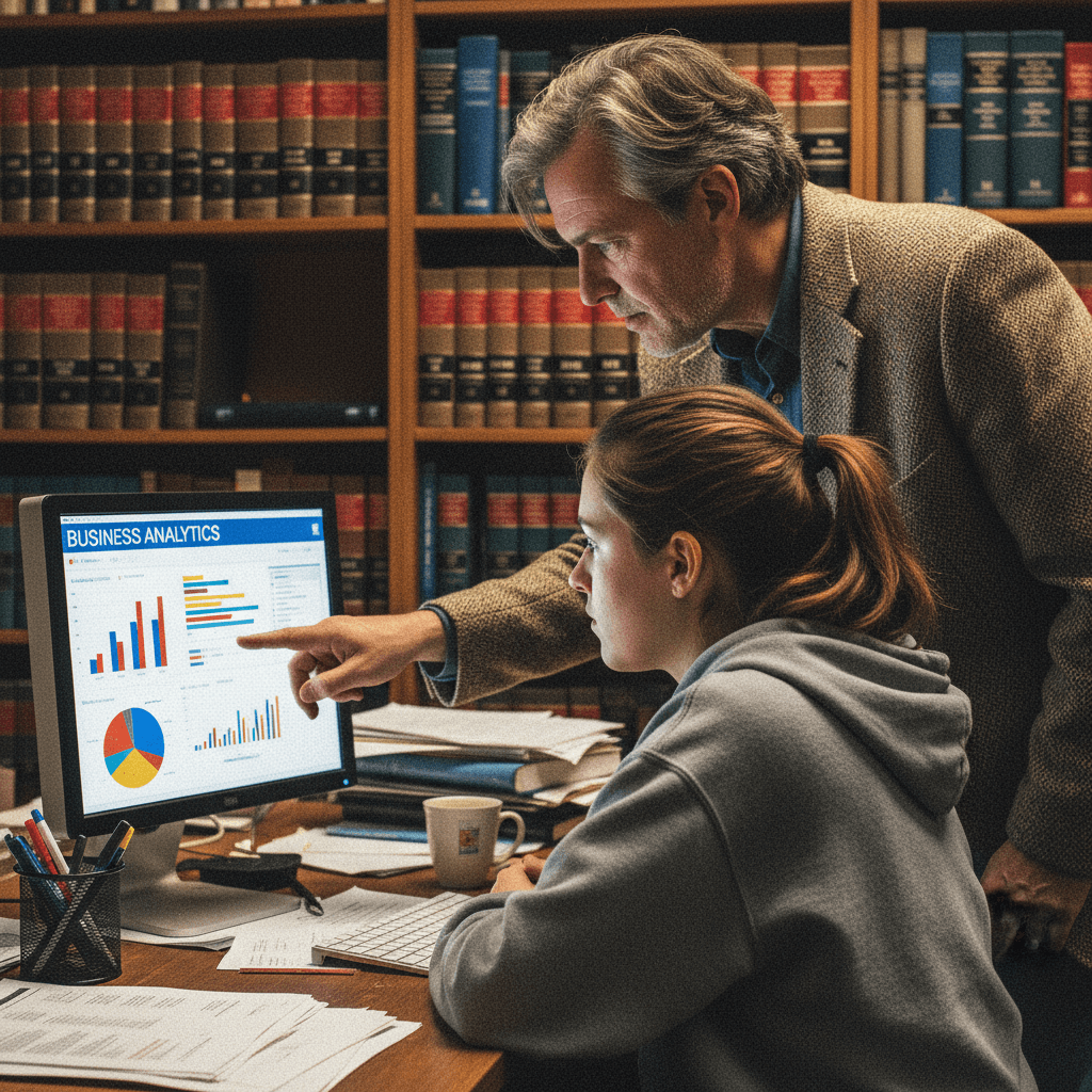 Professor mentoring a student in front of a computer monitor