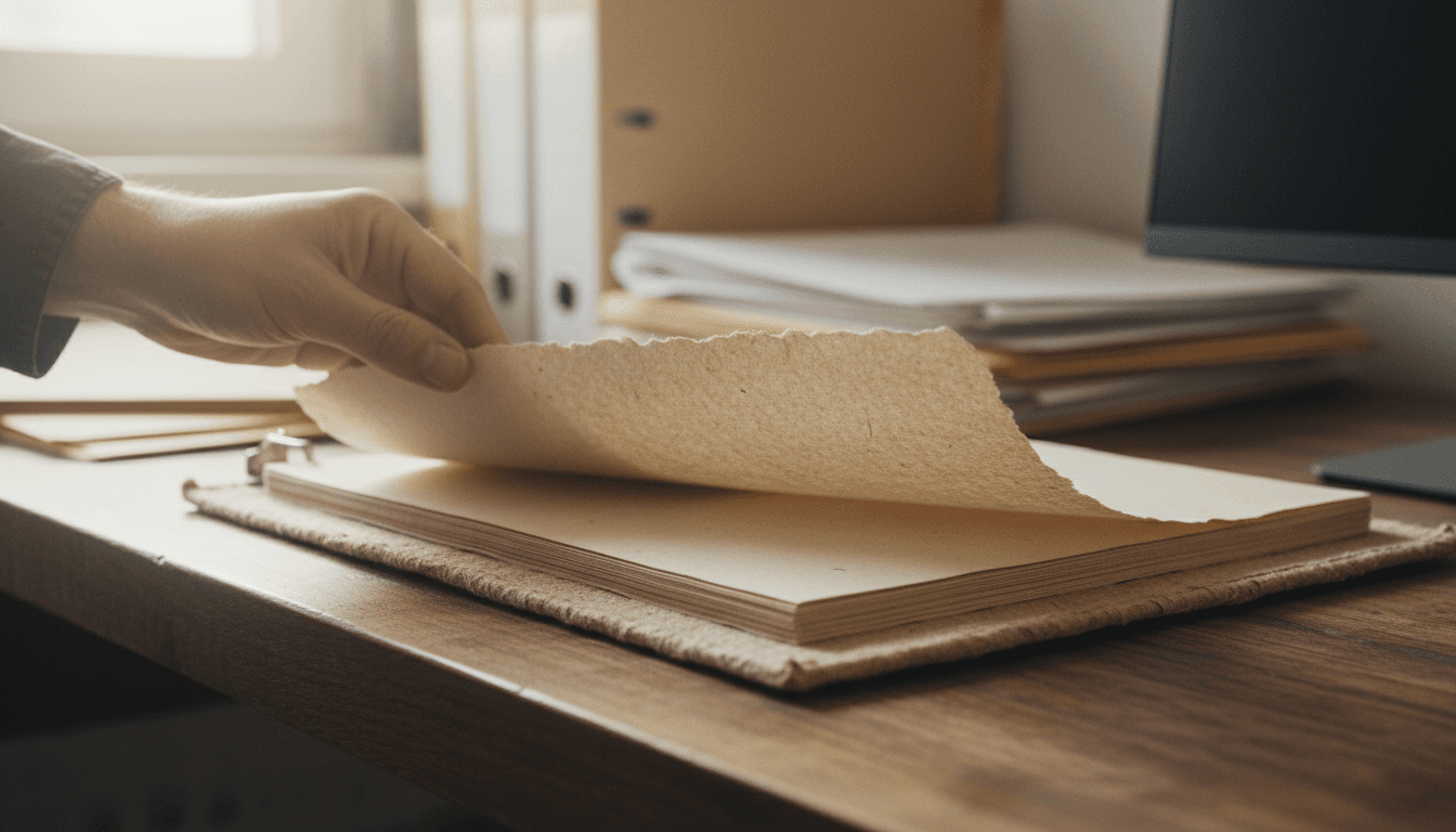 Close-up of a credentialing binder with a hand flipping pages on a wooden desk