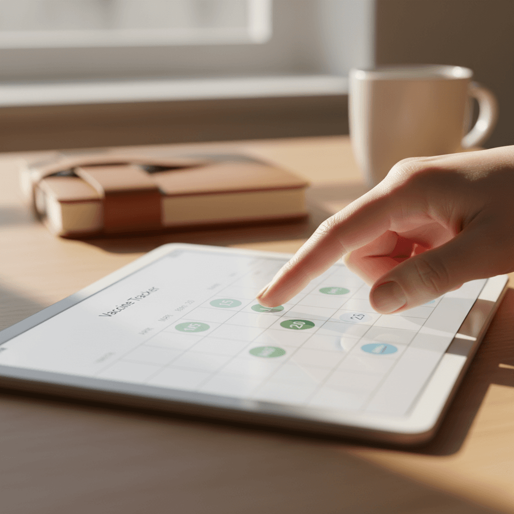 Healthcare worker interacting with vaccination tracking on tablet