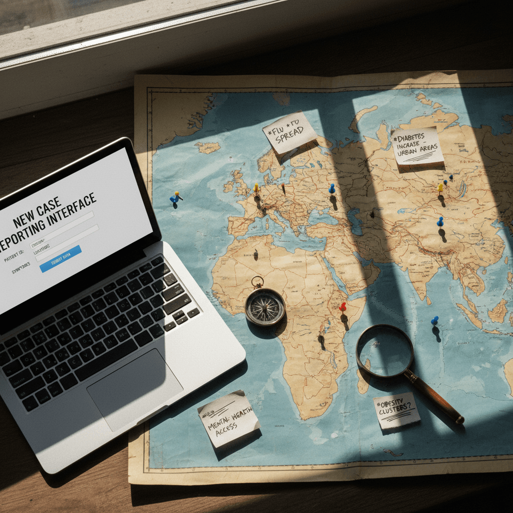 Field worker using laptop for case reporting with paper map