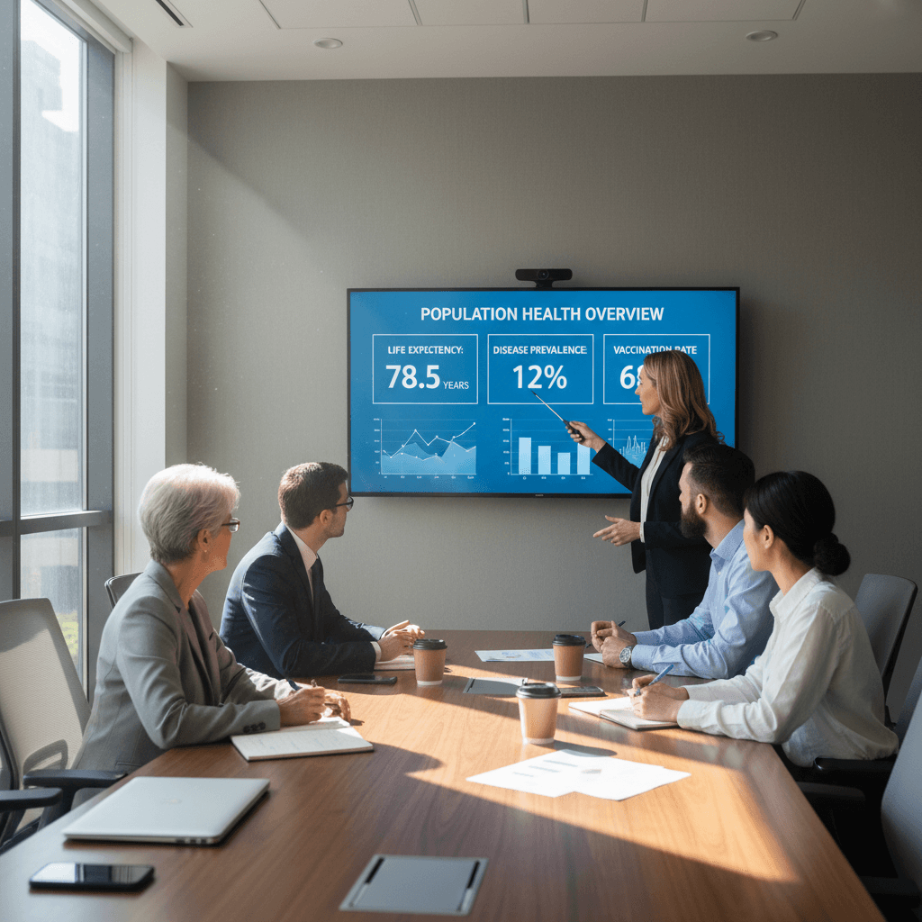 Public health officials analyzing population health metrics together