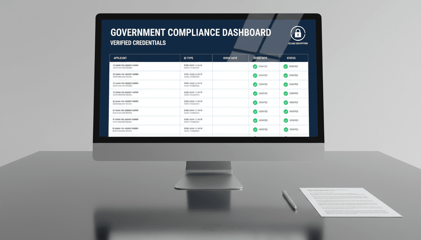 Government compliance dashboard showing verified credential checks