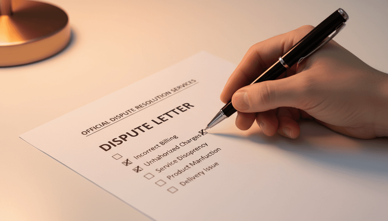 Hand holding pen over a printed credit dispute letter on a desk