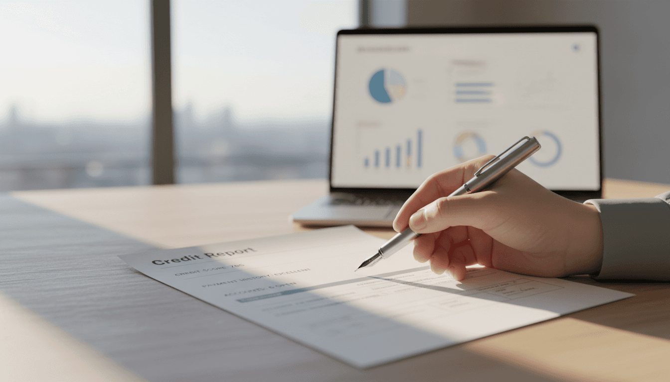 Hands reviewing a printed credit report on a desk with a laptop nearby
