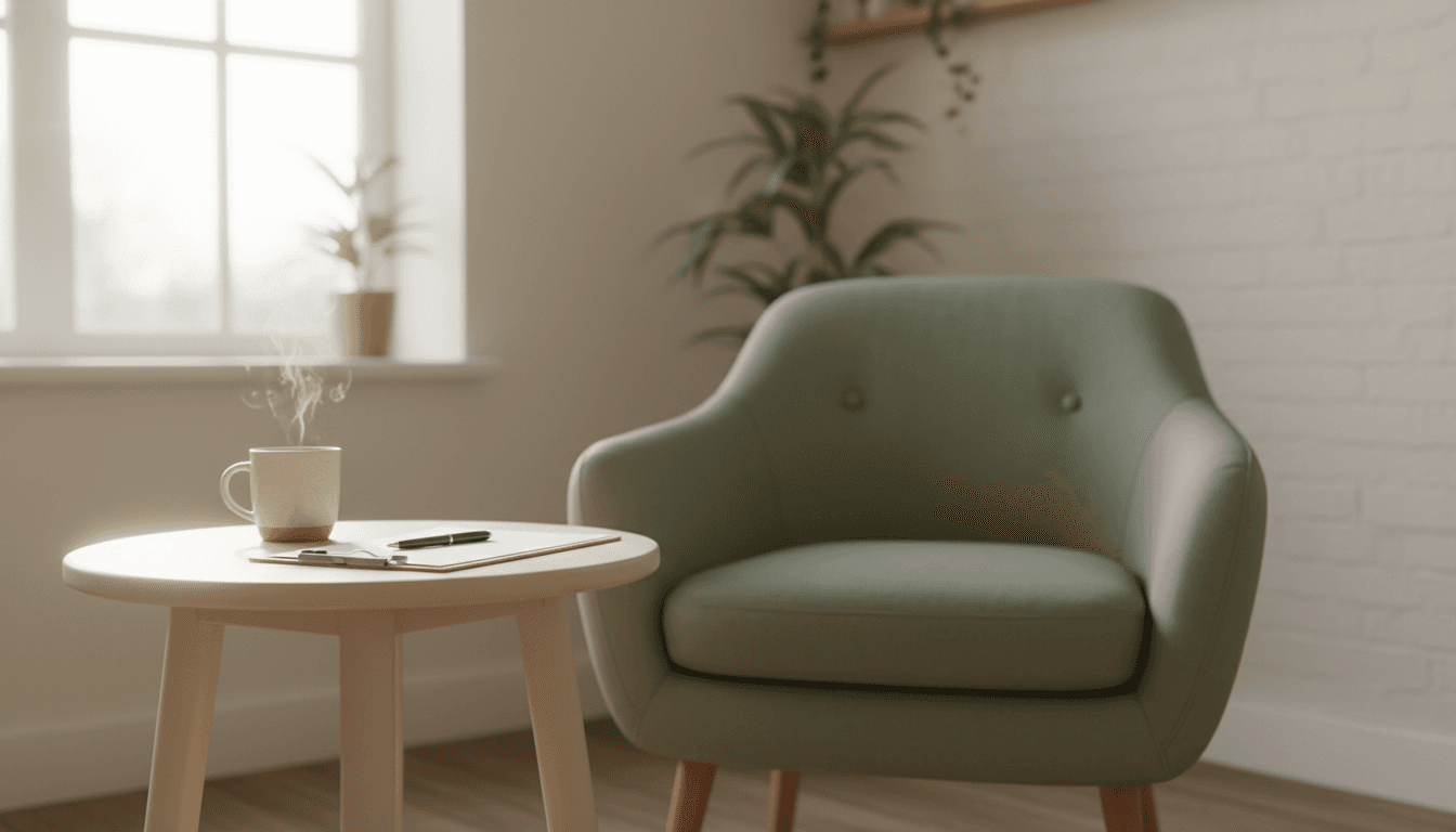 Warm, quiet therapy office with an empty armchair, clipboard, and steaming mug by a sunlit window.
