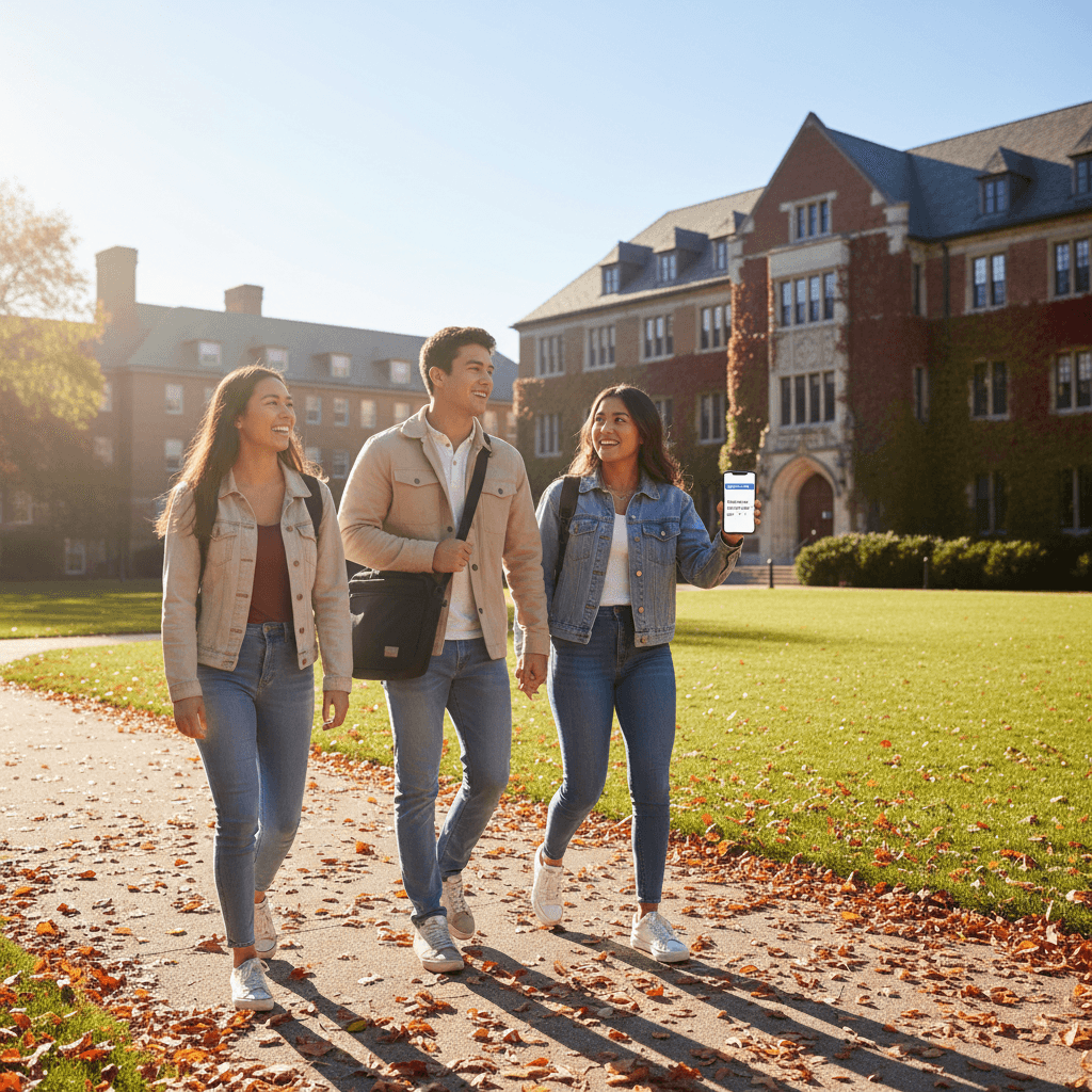 Students walking across a university campus quad