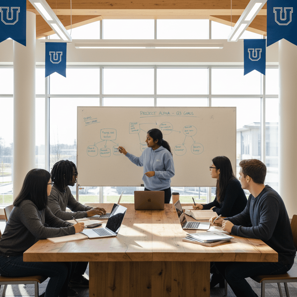 University students collaborating on a project in a bright library